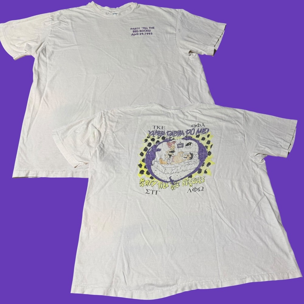 1993 Tau Kappa Epsilon TKE Frat Flintstones Party Till The Bed Rocks T Shirt XL